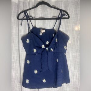 Navy Blue White Daisies Flowy Tank Top With Adjustable Tie String Straps XL